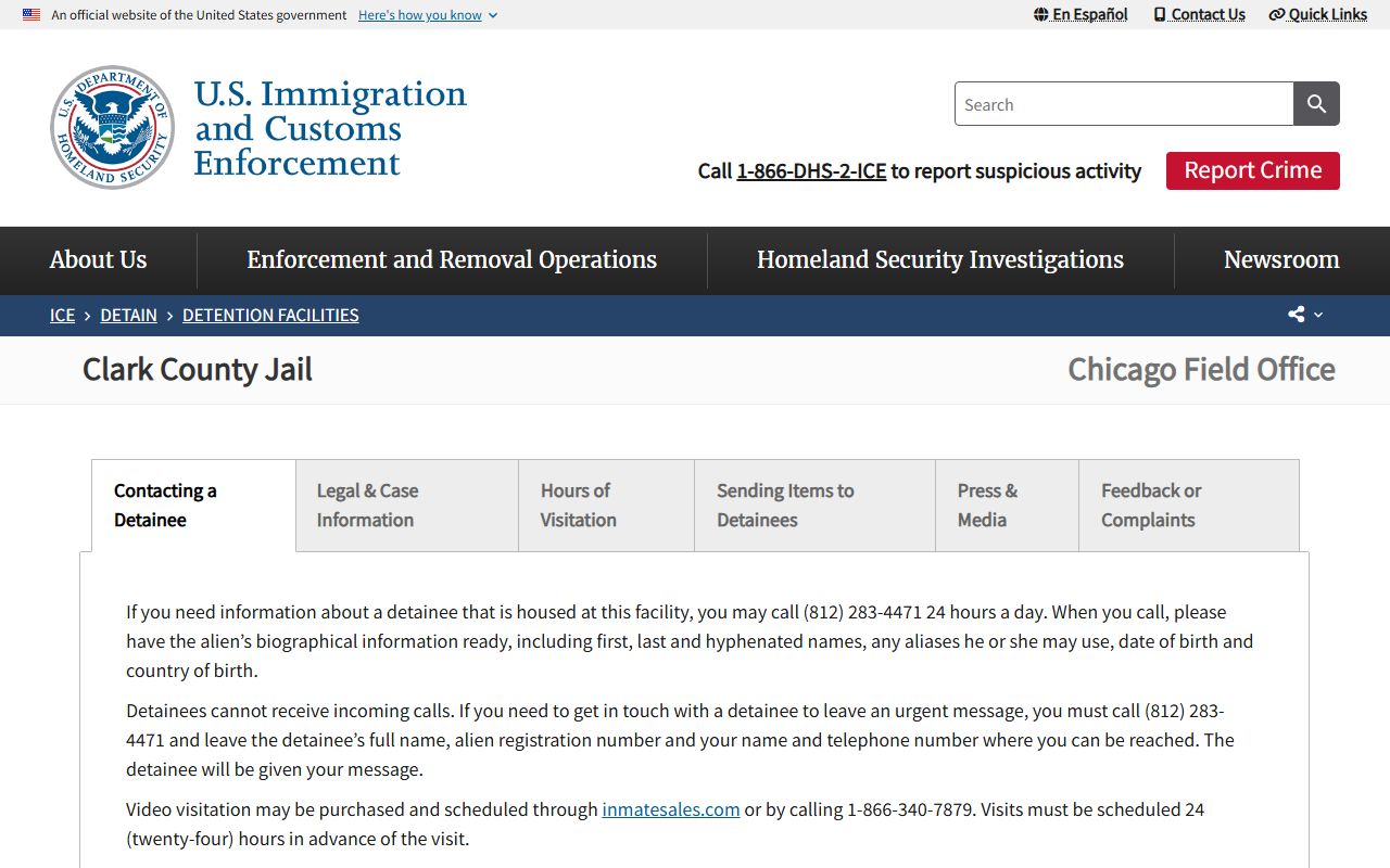 Clark County Jail ICE custody page without public mugshot gallery